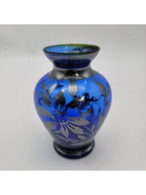 Vintage Cobalt Blue Glass Vase With Silver Overlay